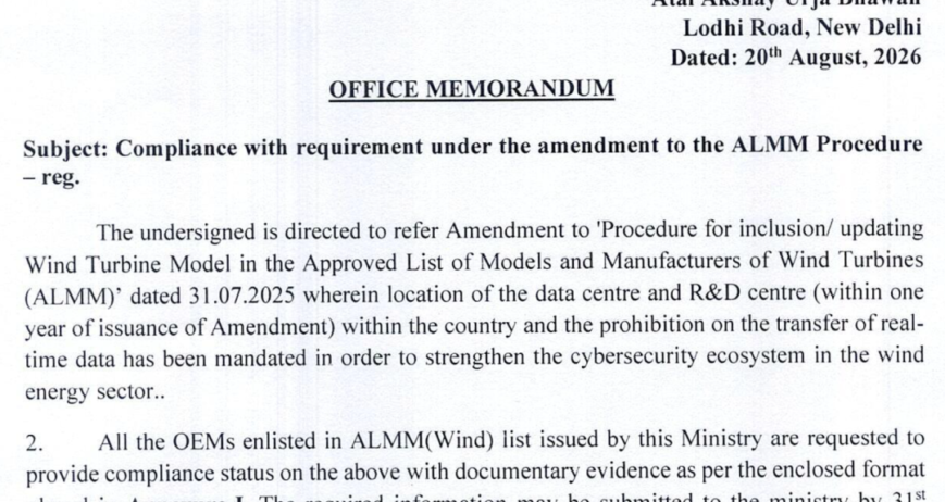 India’s Wind Power Data‑Security Compliance Deadline: OEMs Face Critical August 31 Submission